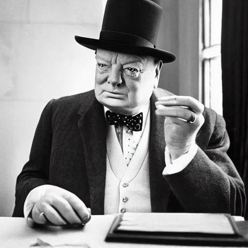 Prompt: Winston Churchill getting sued by Saul Goodman from Better Call Saul, in court, high detail, real lighting, photography from Vogue magazine, in the style of Dorothea Lange, 85mm Sigma Art Lens