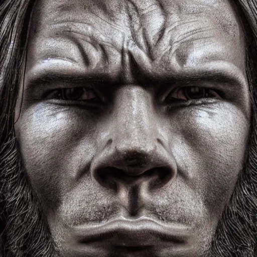 Image similar to portrait close up of a man with a very square and large jaw, his face lines are harsh, he he is shaved but long black hair, he looks like a cave man bronze, soft lighting, rough lines, matte painting