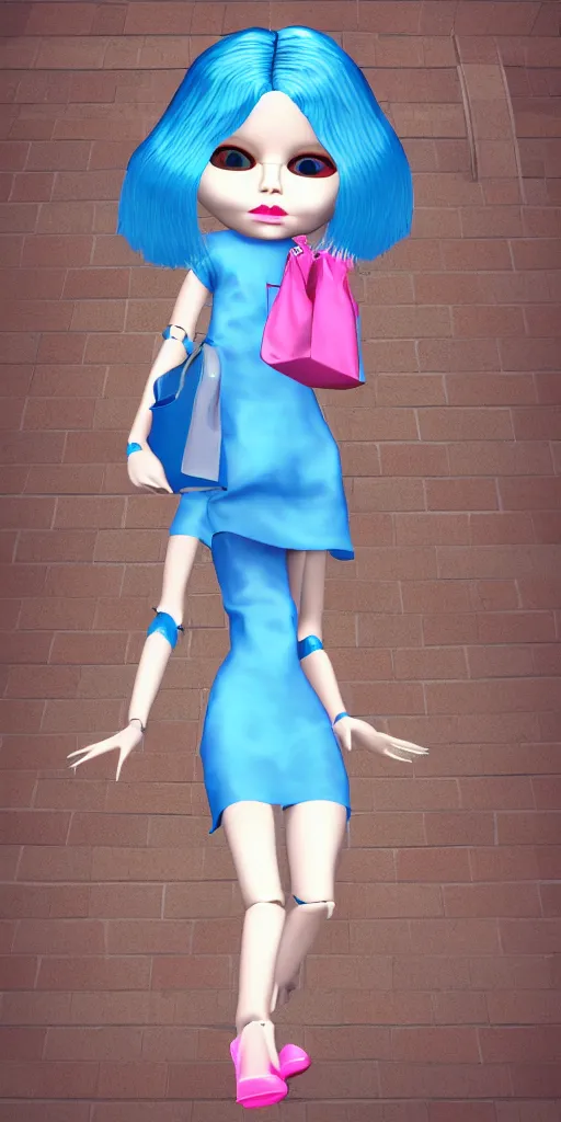 Image similar to 3d glitched malice blue doll carrying a pink fashion bag in a street city psx rendered early 90s net art n64