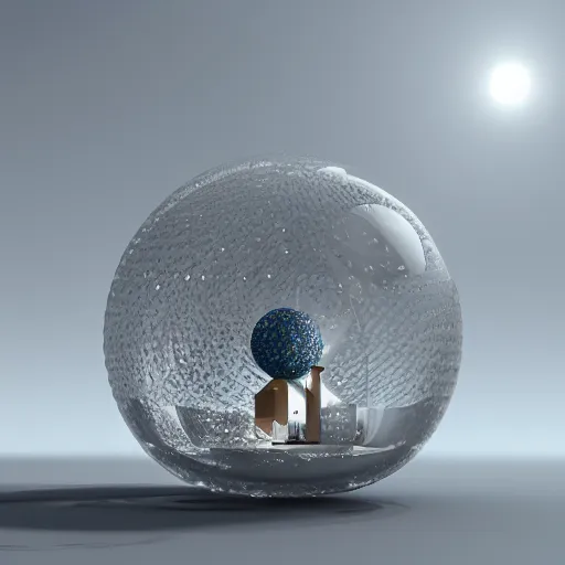 Image similar to crystal sphere with mini modern house inside it, octane render hyperdetailed,