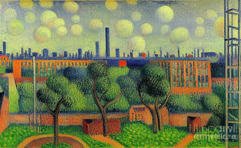Image similar to geometric painting of industrial buildings surrounded by undergrowth by camille pissarro