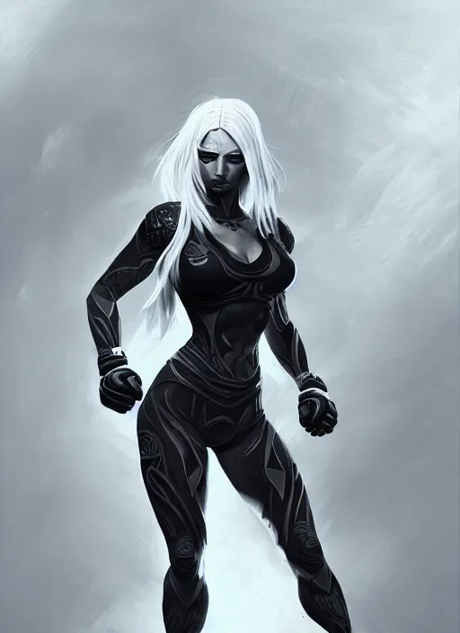 Image similar to a highly detailed illustration of fierce platinum blonde woman wearing black mma gear, heroic fighting stance pose, intricate, elegant, highly detailed, centered, digital painting, artstation, concept art, smooth, sharp focus, league of legends concept art, wlop