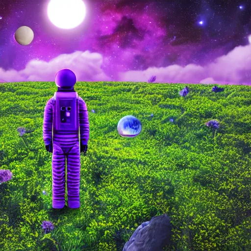 Image similar to lonely astronaut in alien planet filled with plants, with beautiful purple sky, realistic, 4 k, ultra hd