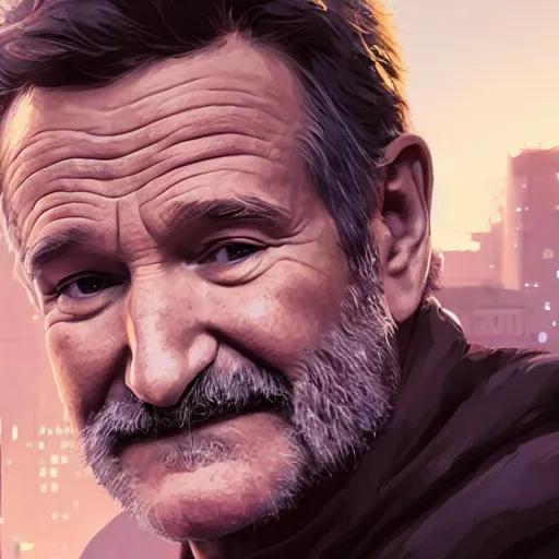 Image similar to highly detailed portrait, robin williams, in gta v, stephen bliss, unreal engine, fantasy art by greg rutkowski, loish, rhads, ferdinand knab, makoto shinkai and lois van baarle, ilya kuvshinov, rossdraws, tom bagshaw, global illumination, radiant light, detailed and intricate environment