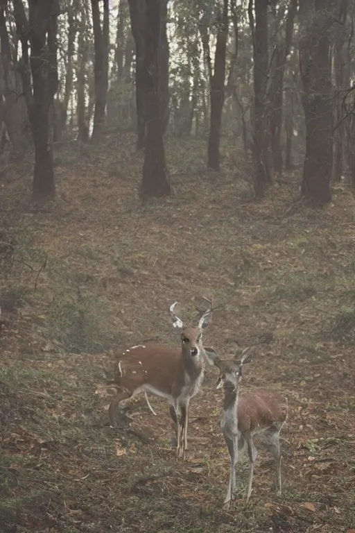 Image similar to a close up of a white - eyed deer, background of a landscape misty forest scene, the sun glistening through the trees