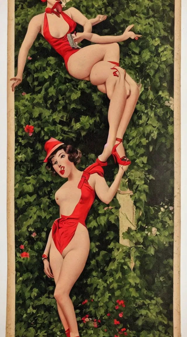 Prompt: a portrait one full body pin up post war dressing a military unioform,garden backgound Gil Elvgren style