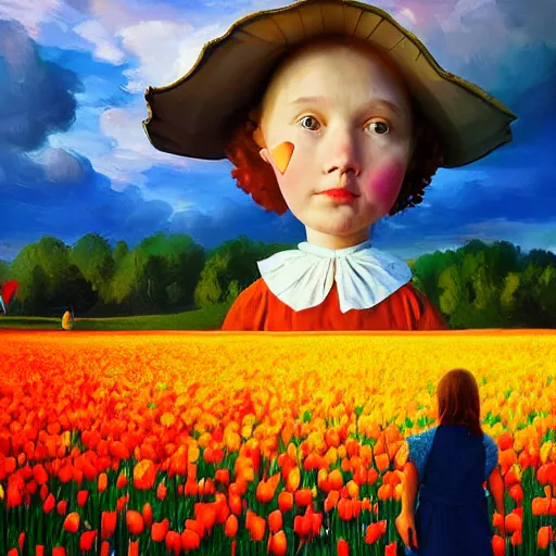 Image similar to dutch girl with singular giant tulip as a head, surreal photography, flower field, sunset dramatic light, impressionist painting, colorful clouds, blue sky, digital painting, artstation, simon stalenhag