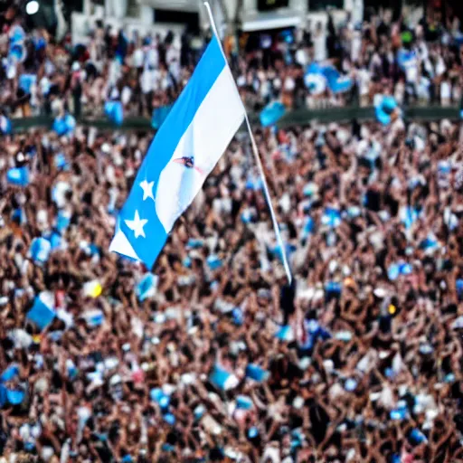 Image similar to Lady Gaga as president, Argentina presidential rally, Argentine flags behind, bokeh, giving a speech, detailed face, Argentina