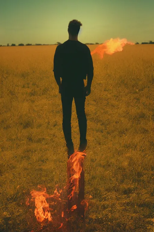 Image similar to agfa vista 4 0 0 photograph of a guy on fire standing in a field, back view, synth vibe, vaporwave colors, lens flare, moody lighting, moody vibe, telephoto, 9 0 s vibe, blurry background, grain, tranquil, calm, faded!,