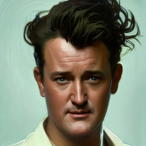 Image similar to chandler bing from friends portrait art by alphonse mucha and greg rutkowski, highly detailed, digital painting, concept art, illustration, trending on artstation, very detailed, smooth, sharp focus, octane render, close up