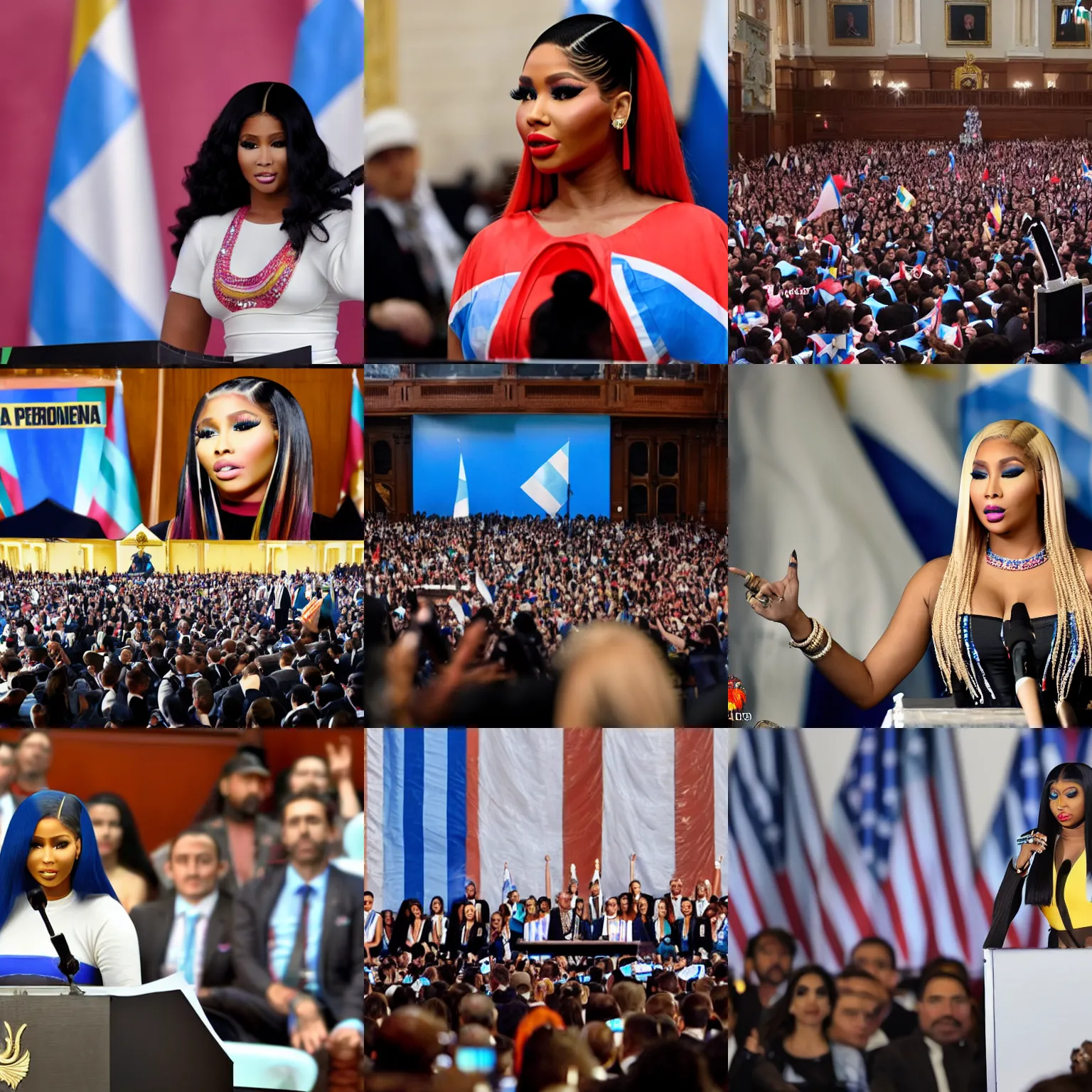 Prompt: A photo of Nicki Minaj delivering a speech, Argentina flags behind, in the Argentine Congress, background out of focus, hd picture, highly detailed