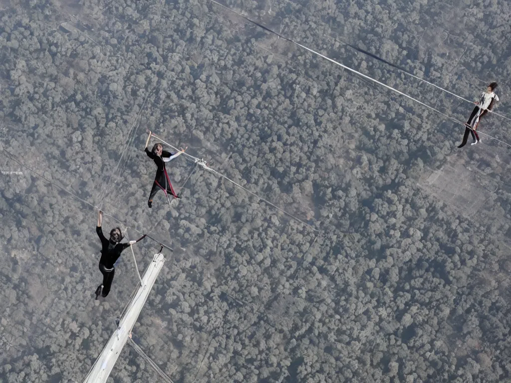 Image similar to A tightrope walker in the middle of walking a small thin line attached to the wings of two planes in the sky, realism, wide-angle, photography, epic, 4k