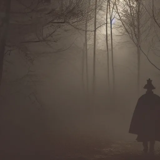 Image similar to a samurai walks with friends through the woods at night, gloomy, dark, foggy, night, ominous, dark color, atmospheric, cinematic lighting, intricate detail?