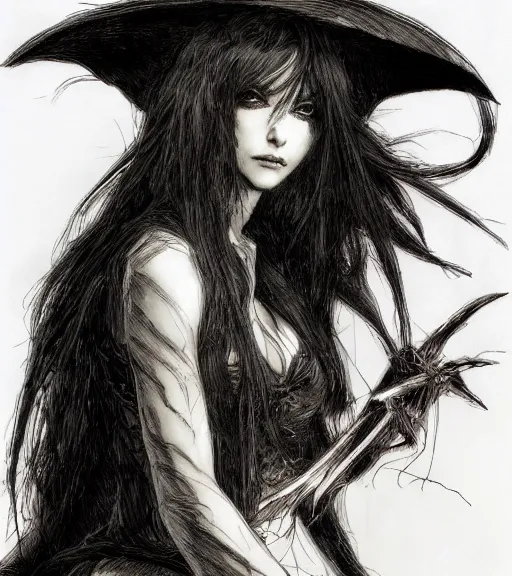 Prompt: portrait of anime succubus with long hair wearing a witch hat, casting a dark spell, pen and ink, intricate line drawings, by craig mullins, ruan jia, kentaro miura, greg rutkowski, loundraw