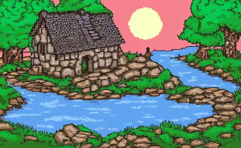 Prompt: a medieval stone house near a river at sunset, pixel art style, HD, cartoon, high quality, sun reflection on the water, beautiful