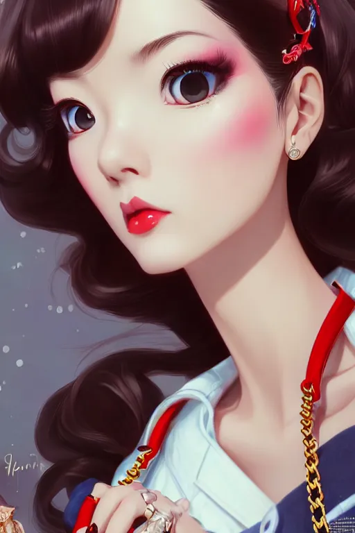 Image similar to a pin up and beautiful fashion dreamlke japan girl with lv jewelry, character art, art by artgerm and wlop and and ilya kuvshinov, hyperdetailed, 8 k realistic, symmetrical, frostbite 3 engine, cryengine, dof, trending on artstation, digital art, chanel, dior, fantasy background