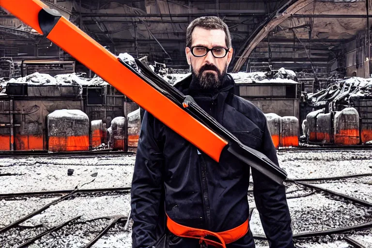 Image similar to vfx movie closeup real life gordon freeman holding wearing futuristic orange and black armor crowbar in russian train yard by emmanuel lubezki