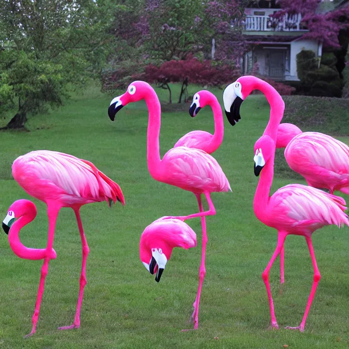 Prompt: spooky weird flamingo lawn monsters at vanvcouver,british columbia,canada