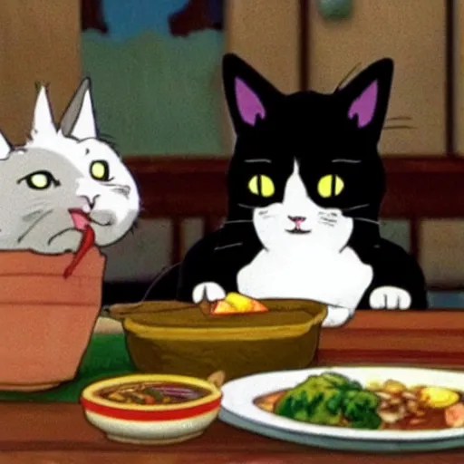 Prompt: a cat eating a thai breakfast appears in Spirited Away