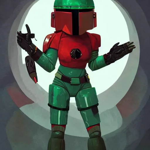 Prompt: a full body portrait of a young female black space adventurer with a Mandalorian mask with a circular notch in the center, green and red armor by Anato Finnstark, Jordan Grimmer, Ross Tran, and Vincent Di Fate Nausicaa