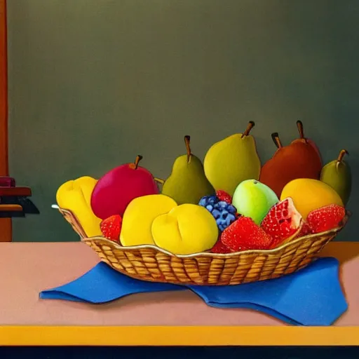 Prompt: a fruit basket on top of a kitchen table, hanna barbera