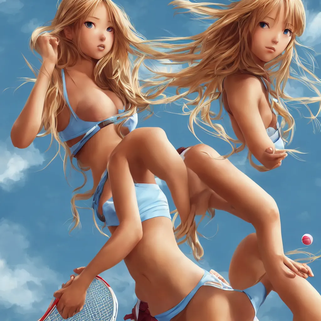 Prompt: a very beautiful young tennis player yuuki asuna, full body, long wavy blond hair, sky blue eyes, full round face,, bikini, miniskirt, front view, mid - shot, highly detailed, cinematic wallpaper by stanley artgerm lau