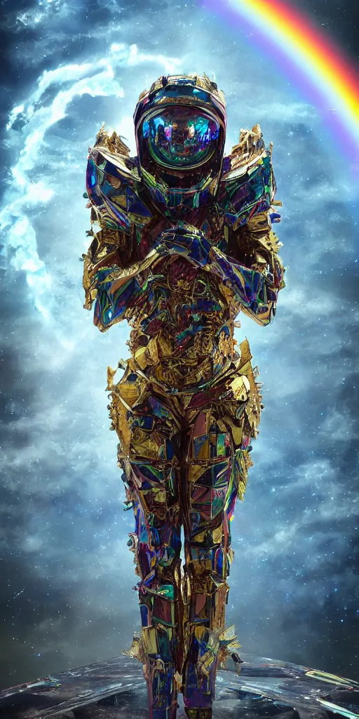 Prompt: a photo of 8k ultra realistic corrupted rainbow humanoid queen standing next to a spaceship window overlooking earth, swarm of shards, ornate white and gold armour, cinematic lighting, trending on artstation, 4k, hyperrealistic, focused, extreme details, unreal engine 5, cinematic, masterpiece