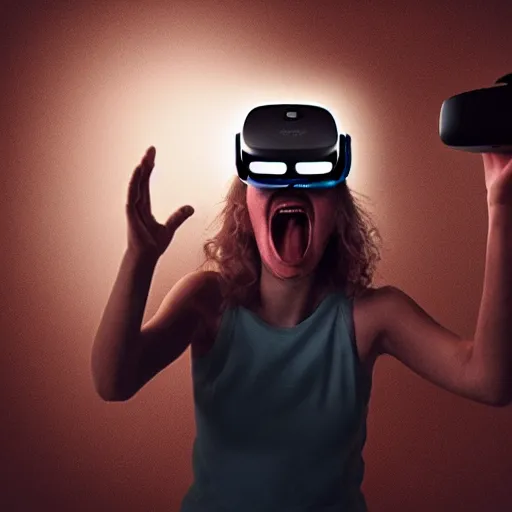 Prompt: a screaming person wearing a vr headset, sci fi horror, surreal, cinematic lighting, cyberpunk, dystopian