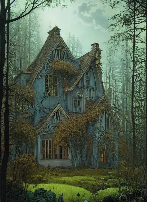 Image similar to hyper realistic witchy modern gothic house with mood lighting and tech in the woods gorgeous lighting, sunbeams blue sky, highly detailed, lush forest foliage painting by zdzisław beksinski and norman rockwell and greg rutkowski weta studio, and lucasfilm