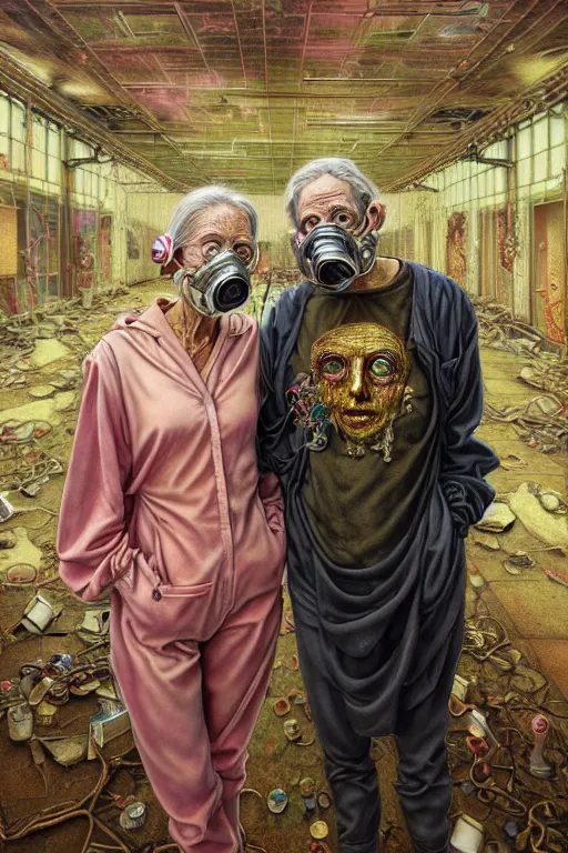 Prompt: two skinny old people draped in silky gold, green and pink, wearing gas masks, standing inside a dystopian abandoned hospital room, ayami kojima, greg hildebrandt, mark ryden, hauntingly surreal, highly detailed painting by, james jean and jenny saville, soft light 4 k