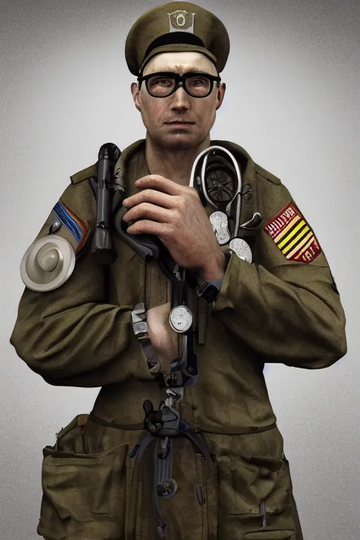 Prompt: a military doctor, portrait, mugshot, artstation, detailed , stethoscope, inside of a tent, midshot, 4k