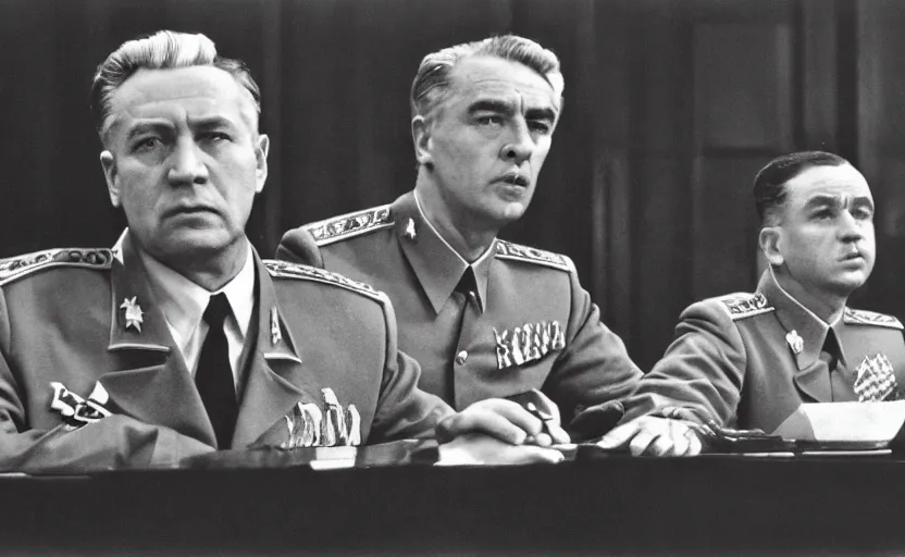 Prompt: 50s movie still of very diverse soviet generals head with very detailed faces in a stalinist parlement, by Alexei Guerman, Cinestill 800t 35mm black and white, heavy grainy picture, very detailed, high quality, 4k, HD criterion, precise texture, high quality face diversity, high quality haircut diversity, high quality age diversity