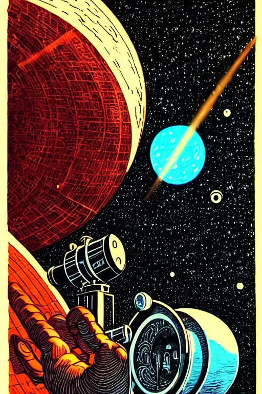 Image similar to cloaked wizard gazing into a telescope, high details, intricately detailed, by vincent di fate, inking, 3 color screen print, masterpiece, trending on artstation,, sharp, details, hyper - detailed, hd, 4 k, 8 k