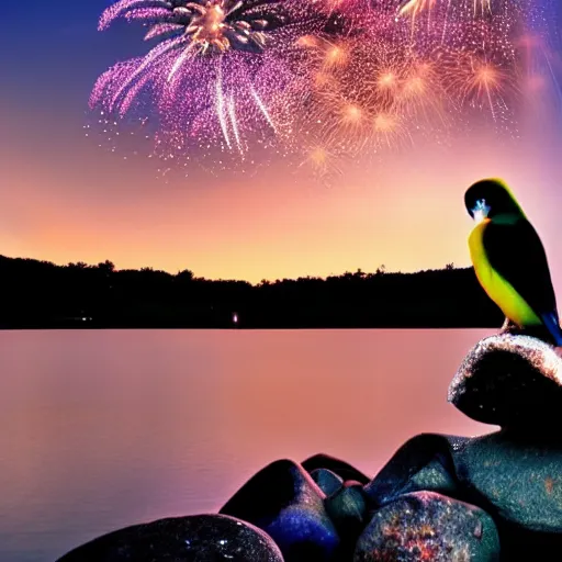 Image similar to lovebird watching fireworks show at a lake, reflective, sunset, landscape photography, nature, stones