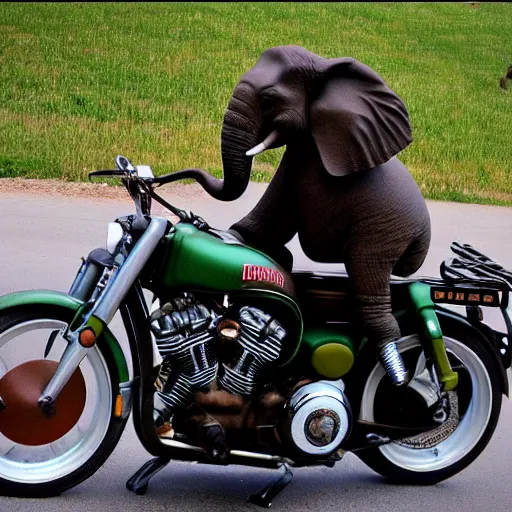 Prompt: elephant on a Harley Davidson on the road, funny picture