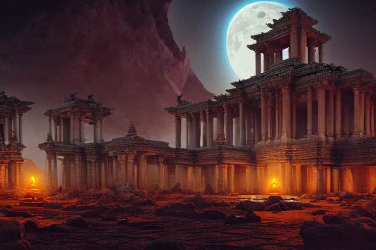 Image similar to beautiful hyperrealistic hyperdetailed epic hdr 3 d render by octane of the mysterious intricate ruins of a temple from an advanced alien starwars civilization under the crescent moon by alejandro burdisio and george ines, dramatic lighting