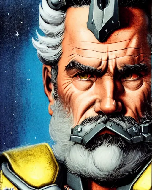 Prompt: reinhardt from overwatch, josh brolin, gray hair and beard, character portrait, portrait, close up, concept art, intricate details, highly detailed, vintage sci - fi poster, retro future, in the style of chris foss, rodger dean, moebius, michael whelan, and gustave dore