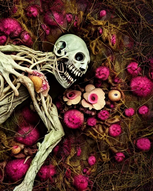 Image similar to a extremely disturbing horror photograph of a creature made out of rotten flowers and nature and fungus, intricate intertwining, hyperrealism, sharp focus, cinematography, highly detailed, octane render, horror cgi 4 k, matte, photograph by professional photographer