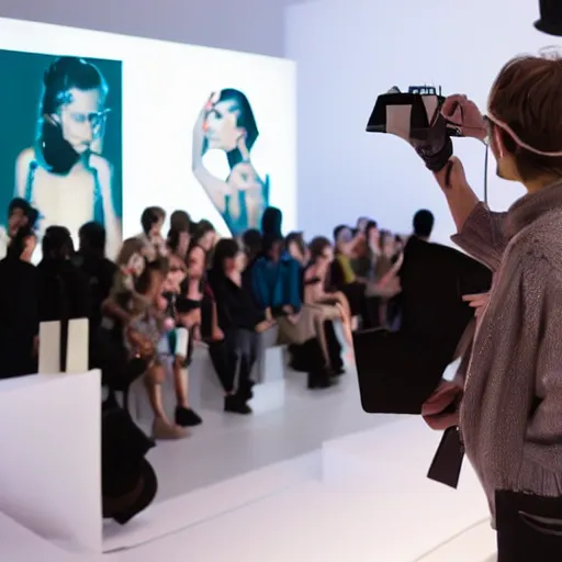 Image similar to art curator looking at a screen with a chat interface, recursive, on stage in the middle of a fashion show in the style of grand chamaco and stanley kubrick, inspired by y - 3, photorealistic, epic, super technical, cinematic still