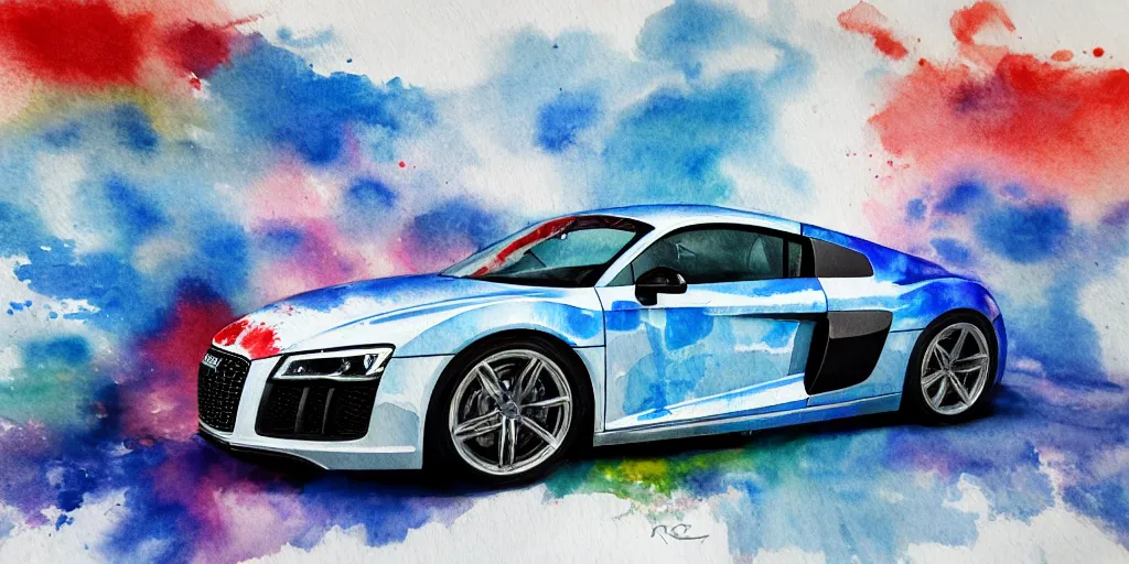 Image similar to audi r 8 water color painting, rtx, raytracing, 8 k, highly detailed, soft colors,