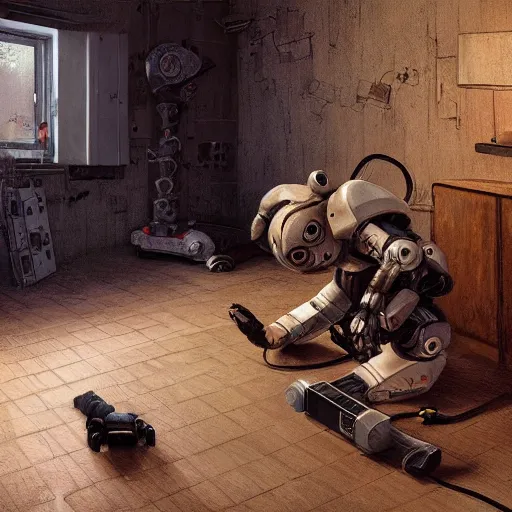 Image similar to a kid fixing his broken robot in his room, au naturel, hyper detailed, digital art, trending in artstation, cinematic lighting, studio quality, smooth render, unreal engine 5 rendered, octane rendered, art style by klimt and nixeu and ian sprigger and wlop and krenz cushart