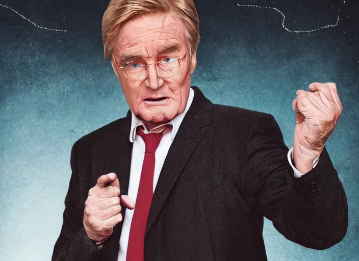 Image similar to action shot of ken barlow from coronation Street performing a hadouken, realistic, detailed, cinematic, concept art, digital art,