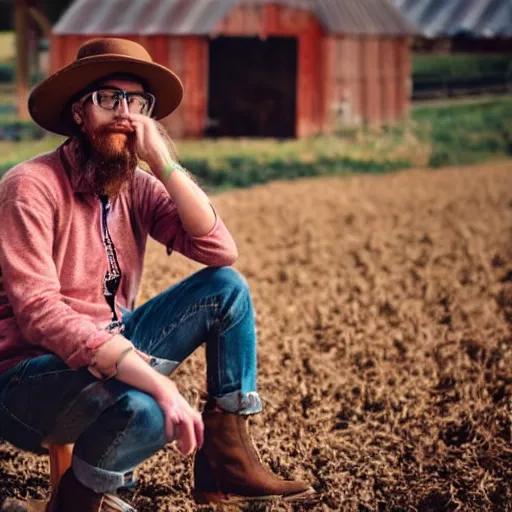 Prompt: A hipster on a farm.