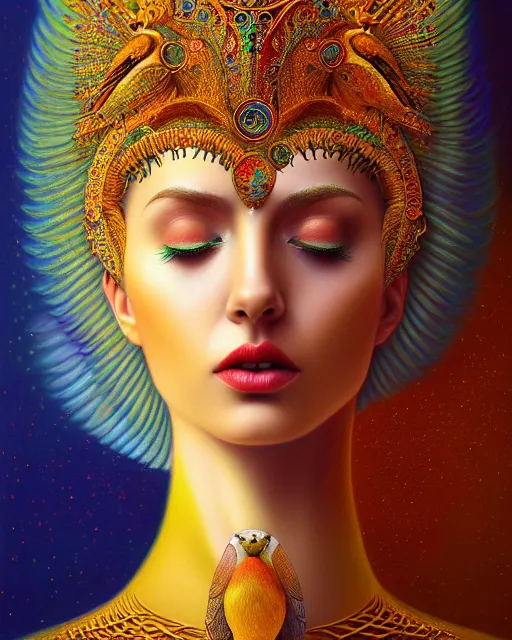 Image similar to portrait of the beautiful young goddess of birds, unusual beauty, etheric, outworldly colours, emotionally evoking symbolic metaphors, head in focus, fantasy, ornamental, intricate, elegant, highly detailed painting style photo, artstation, concept art, painterly, golden ratio, sharp focus, illustration, art by afarin sajedi,