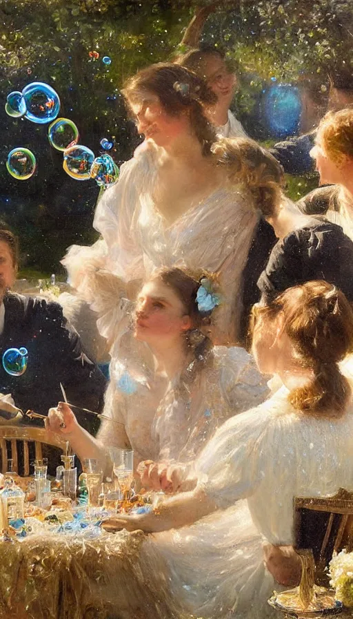 Image similar to painting of midsummer party with bubbles, by Peder Krøyer, dramatic lighting, volumetric lighting, golden hour, epic, intricate detail, canvas print