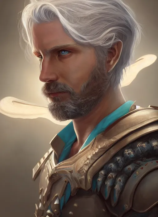 Image similar to an epic fantastic realism style portrait painting of an aasimar paladin, male, silver hair, short brown beard, d & d concept art, unreal 5, daz, teal aesthetic, octane render, centered in frame, cosplay, rpg portrait, dynamic lighting