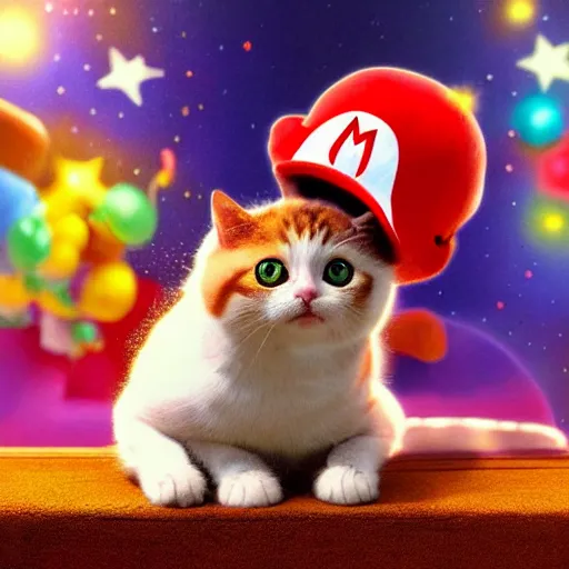 Image similar to A beautiful oil painting of a Kawaii Cat wearing a Super Mario Hat, nintendo, box art, intricate, volumetric lighting, summer, hyperrealistic, colorful, hyperdetailed.