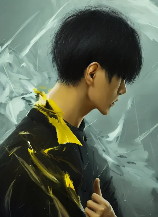 Prompt: a highly detailed illustration of korean man with bowl cut black hair wearing tie with giant black claws, wielding giant black fog claws pose, yellow eyes, tired expression, foggy black mist surrounding background, intricate, elegant, highly detailed, centered, digital painting, artstation, concept art, smooth, sharp focus, league of legends concept art, wlop.