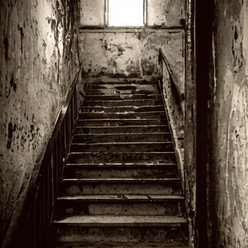 Image similar to photograph of a dark and dilapidated staircase, positioned at the bottom step looking up the staircase, a ghost stands at the top of the stairs