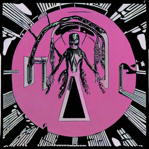 Image similar to post - punk new age album cover, magic, apocalypse, psychedelic, black white pink, magic, giger h. r.